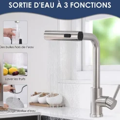 Robinet de Cuisine Brossé avec Douchette Extracible Mitigeur d'Evier à 3 Modes Robinet de Cuisine Rotatif à 360 degrés