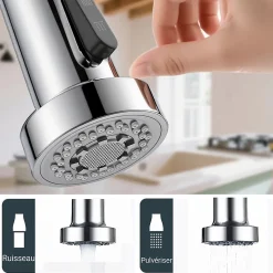 Robinet de cuisine chromé avec douchette, Rotation 360, 2 jets, Finition brillante, Pour évier standard