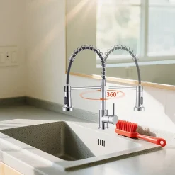 Robinet de cuisine chromé avec douchette, Rotation 360, 2 jets, Finition brillante, Pour évier standard