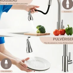 Robinet de cuisine extractible, acier inoxydable brossé, rotation 360, 3 modes d'eau, adapté aux éviers