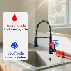 Robinet de cuisine noir avec douchette, Rotation 360, 2 modes d'écoulement, Finition mate, Pour évier standard