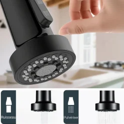 Robinet de cuisine noir avec douchette, Rotation 360, 2 modes d'écoulement, Finition mate, Pour évier standard