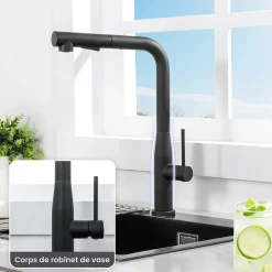 Robinet de Cuisine Noir avec Douchette Extractible, Mitigeur Cuisine en Inox Mitigeur d'Évier avec 2 Modes de Sortie D'eau