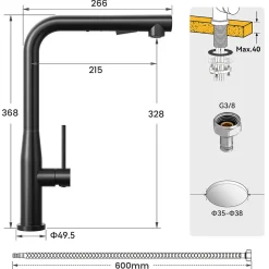 Robinet de Cuisine Noir avec Douchette Extractible, Mitigeur Cuisine en Inox Mitigeur d'Évier avec 2 Modes de Sortie D'eau