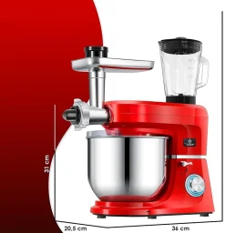 Robot ménager universel 3 en 1 avec hachoir à viande pétrin Mélangeur multifonction Extracteur jus 1.5 L Kit saucisses rouge