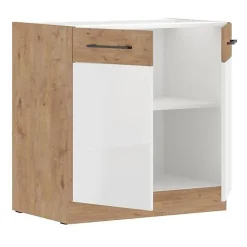 ROCK - Meuble bas - Mélaminé decor chene Lancelot et Blanc - 80 cm - 2 portes battantes