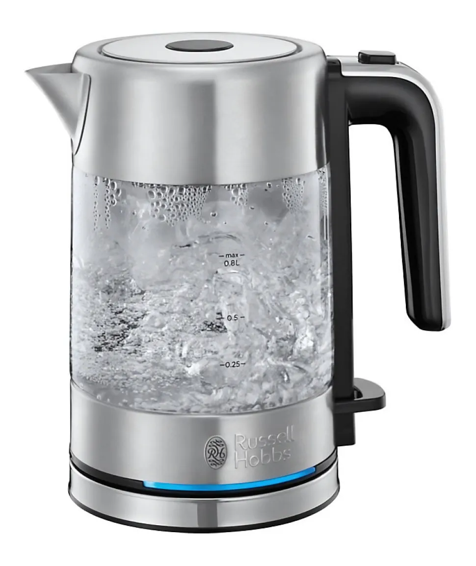 RUSSELL HOBBS 24191-70 Bouilloire 0,8L en Verre Compact Home Design Premium, Ebullition Rapide, Filtre Anti-Calcaire Amovible