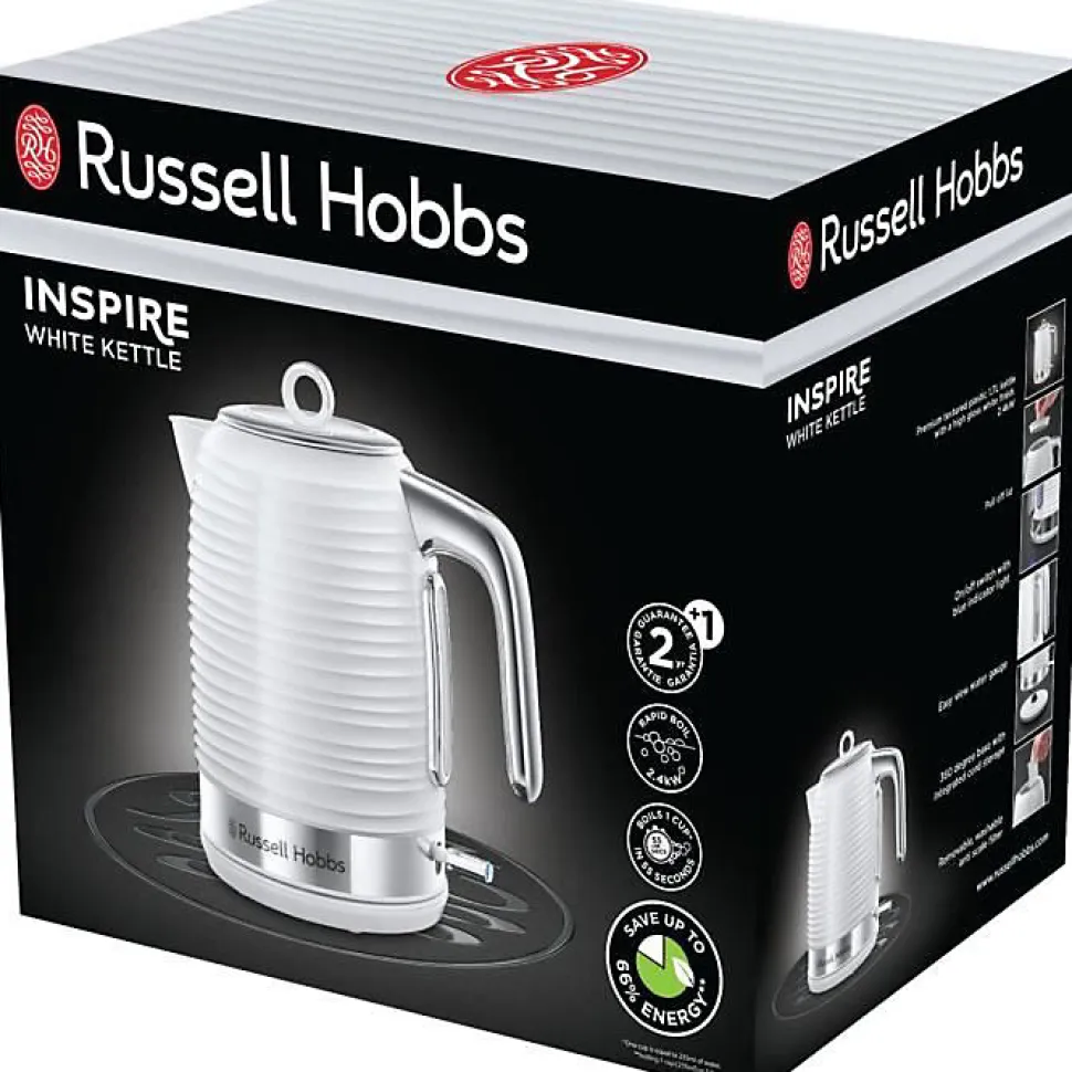 Russell Hobbs 24360-70 Bouilloire 1,7L Inspire, Ebullition Rapide, Niveau Eau Visible, Filtre Anti-Calcaire - Blanc