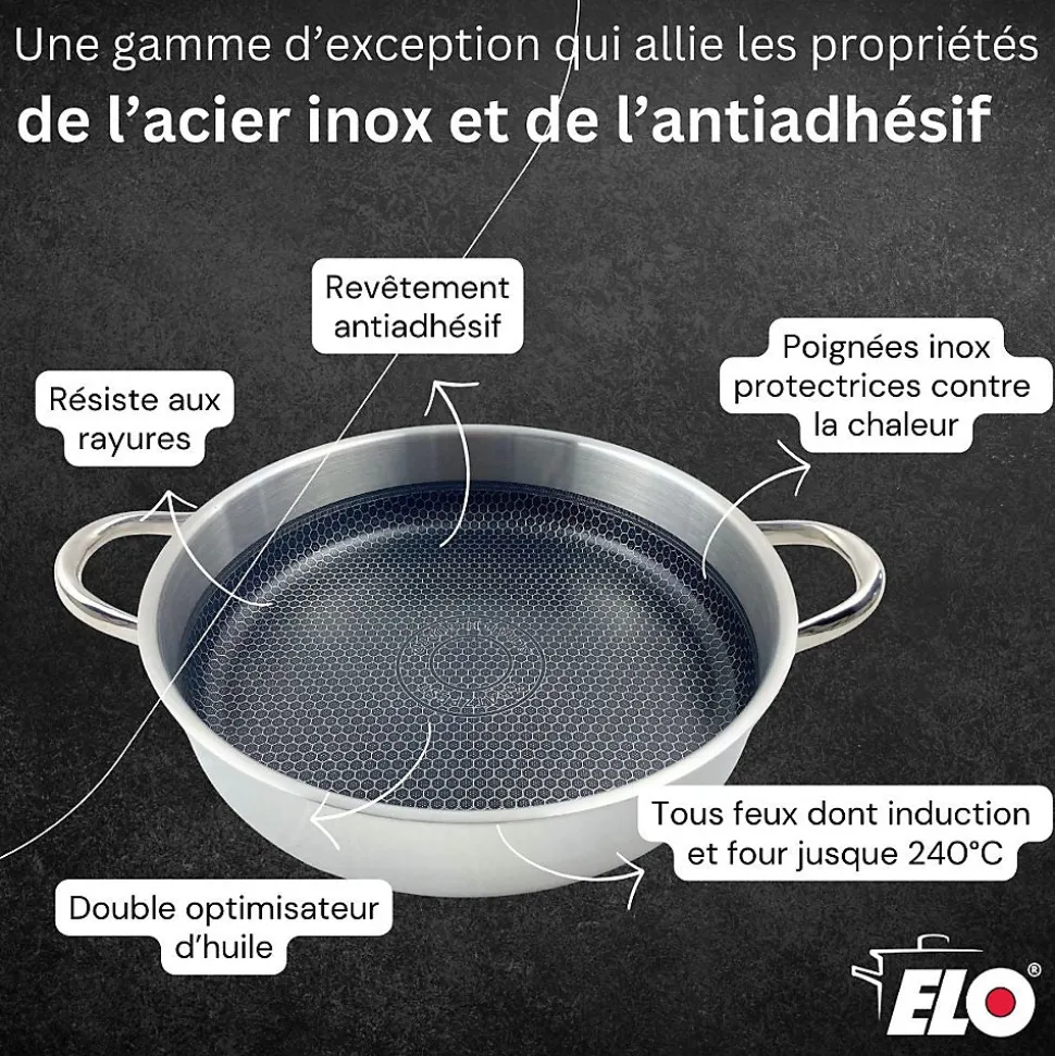 Sautoir 28 cm en inox 18/10 avec couvercle Elo Relief Evolution