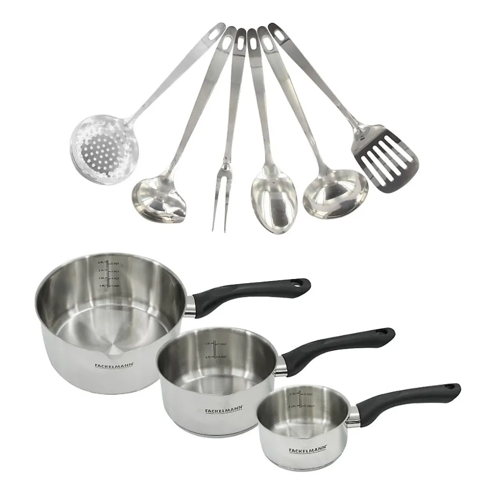 Set 3 casseroles 12 16 et 20 cm en inox et 6 ustensiles inox Fackelmann Geneva