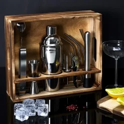 Set à cocktail avec 15 accessoires en acier inoxydable et un support en bois de Pin
