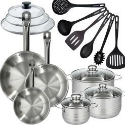 Set 3 poêles 20 24 28 cm en inox, 3 couvercles verre, 3 faitouts inox 16, 20 et 24 cm et 6 ustensiles RPET Fackelmann Eterna