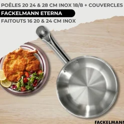 Set 3 poêles 20 24 28 cm en inox, 3 couvercles verre, 3 faitouts inox 16, 20 et 24 cm et 6 ustensiles RPET Fackelmann Eterna