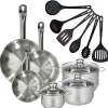 Set 3 poêles 20 24 28 cm en inox, 3 faitouts inox 16, 20 et 24 cm et 6 ustensiles RPET Fackelmann Eterna