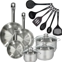 Set 3 poêles 20 24 28 cm en inox, 3 faitouts inox 16, 20 et 24 cm et 6 ustensiles RPET Fackelmann Eterna