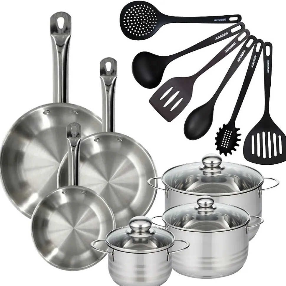 Set 3 poêles 20 24 28 cm en inox, 3 faitouts inox 16, 20 et 24 cm et 6 ustensiles RPET Fackelmann Eterna