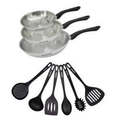 Set 3 poêles 20 24 et 28 cm en inox et 6 ustensiles Fackelmann Geneva