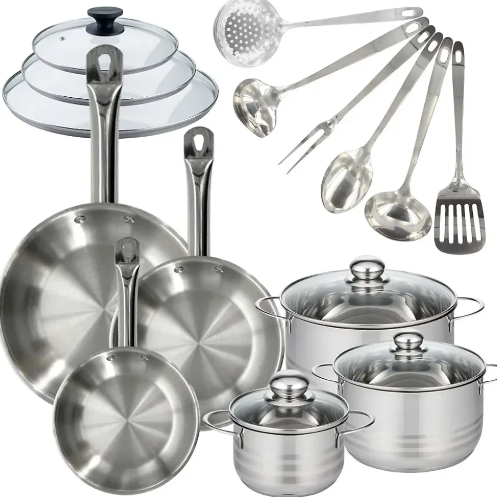 Set 3 poêles 20, 24 et 28 cm en inox et couvercles, 3 faitouts inox 16, 20 et 24 cm et 6 ustensiles inox Fackelmann Eterna