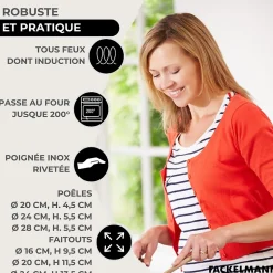 Set 3 poêles 20, 24 et 28 cm en inox et couvercles, 3 faitouts inox 16, 20 et 24 cm et 6 ustensiles inox Fackelmann Eterna