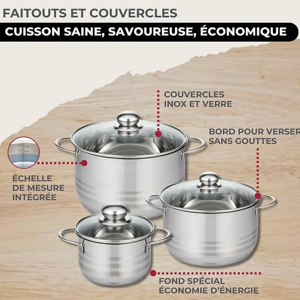 Set 3 poêles 20, 24 et 28 cm en inox et couvercles, 3 faitouts inox 16, 20 et 24 cm et 6 ustensiles inox Fackelmann Eterna