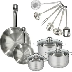 Set 2 poêles 20 et 28 cm en inox, 3 faitouts inox 16, 20 et 24 cm et 6 ustensiles inox Fackelmann Eterna