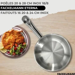 Set 2 poêles 20 et 28 cm en inox, 3 faitouts inox 16, 20 et 24 cm et 6 ustensiles inox Fackelmann Eterna