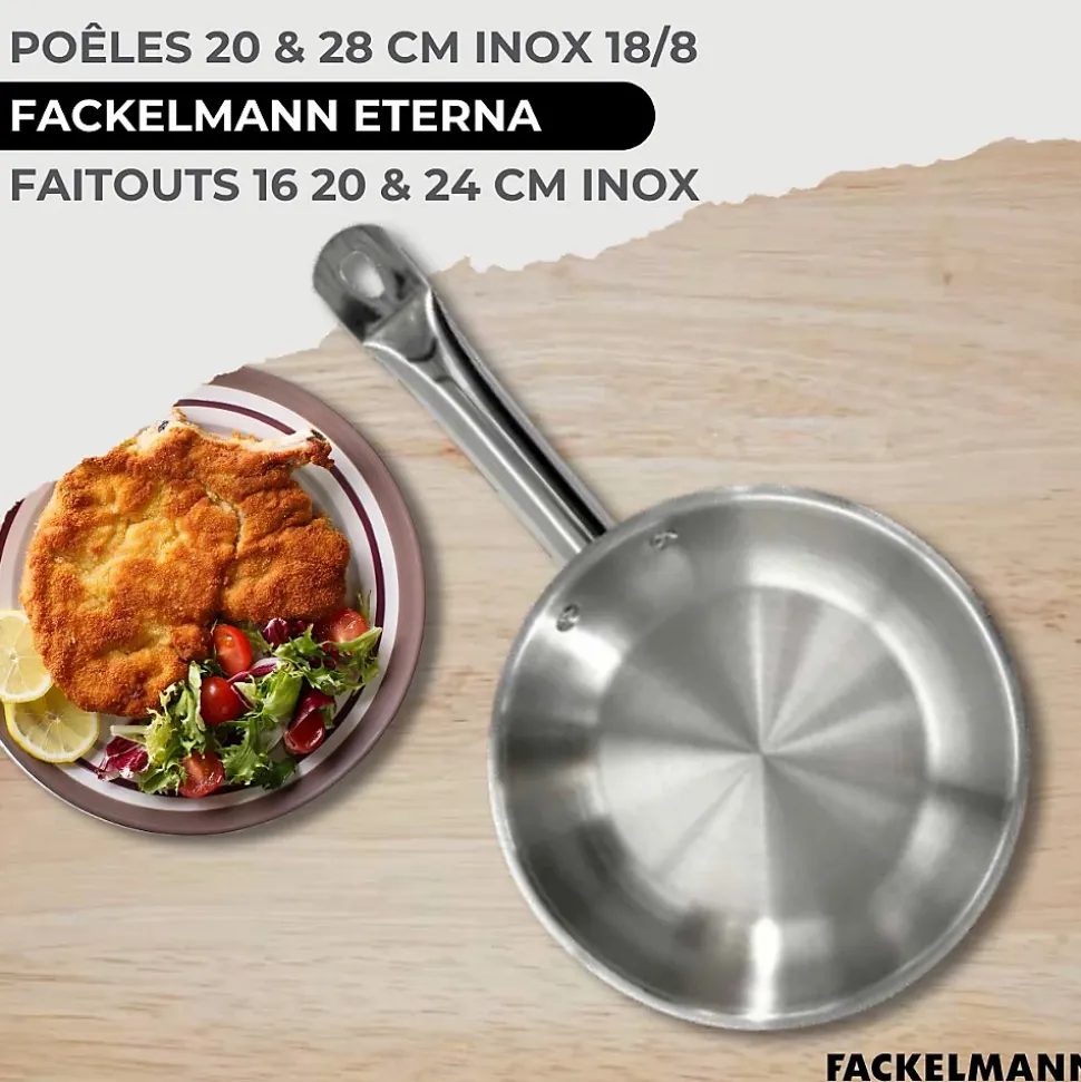 Set 2 poêles 20 et 28 cm en inox, 3 faitouts inox 16, 20 et 24 cm et 6 ustensiles inox Fackelmann Eterna