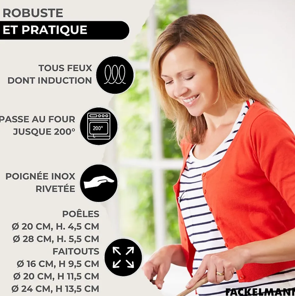 Set 2 poêles 20 et 28 cm en inox, 3 faitouts inox 16, 20 et 24 cm et 6 ustensiles inox Fackelmann Eterna