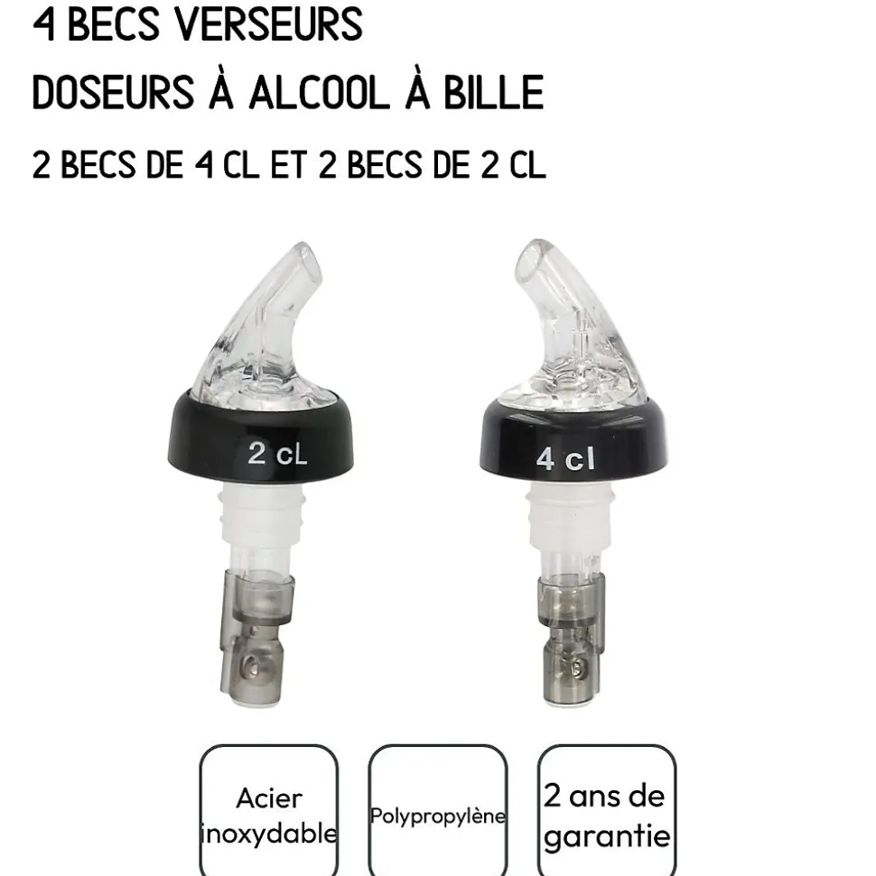 Set de 4 becs verseurs doseurs à alcool à bille 2 cl et 4 cl Fackelmann