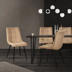 Set de 2 Chaises de Salle à Manger Marron Clair, avec Revêtement en Tissu Polyester et Pieds Métalliques Noirs