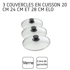 Set de 3 couvercles de cuisson en verre 20 cm 24 cm et 28 cm Elo
