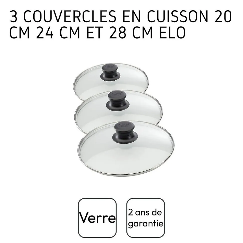 Set de 3 couvercles de cuisson en verre 20 cm 24 cm et 28 cm Elo