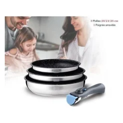 Set de 3 poeles - Arthur Martin - AM2196 - 20-24-26 cm - Acier inoxydable - Poignée amovible - Tous feux dont induction