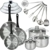 Set de 3 poêles 20, 24, 28 cm inox, couvercles verre, 3 faitouts inox 16, 20 et 24 cm et 6 ustensiles inox Fackelmann Geneva