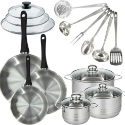 Set de 3 poêles 20, 24, 28 cm inox, couvercles verre, 3 faitouts inox 16, 20 et 24 cm et 6 ustensiles inox Fackelmann Geneva