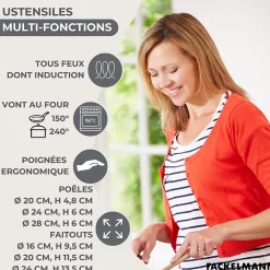 Set de 3 poêles 20, 24, 28 cm inox, couvercles verre, 3 faitouts inox 16, 20 et 24 cm et 6 ustensiles inox Fackelmann Geneva