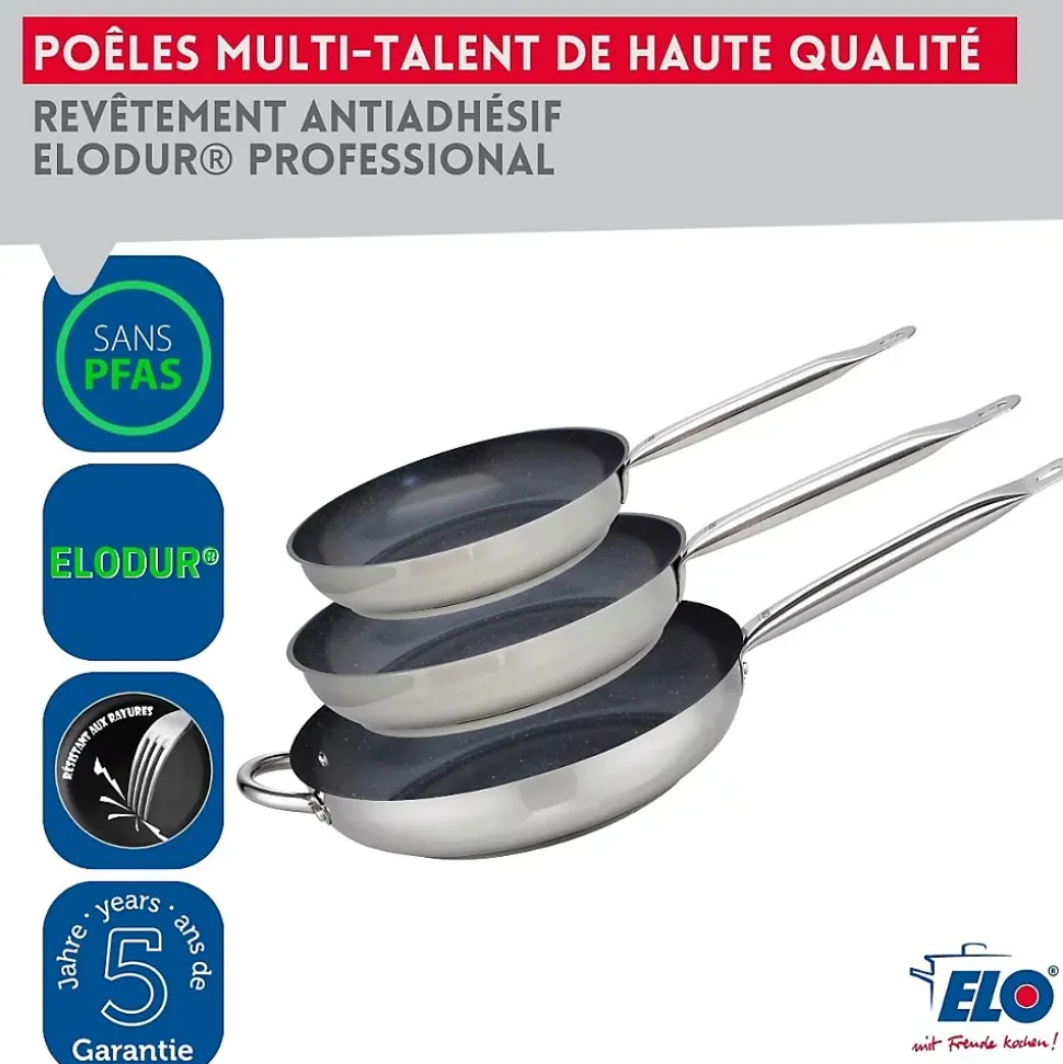 Set de 3 Poêles 24, 28 et 32 cm céramique sans PFAS et 3 couvercles Profi Therm Platinum Elo