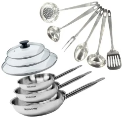 Set de 3 poêles 20, 24 et 28 cm en inox, 3 couvercles verre et 6 ustensiles inox Fackelmann Eterna