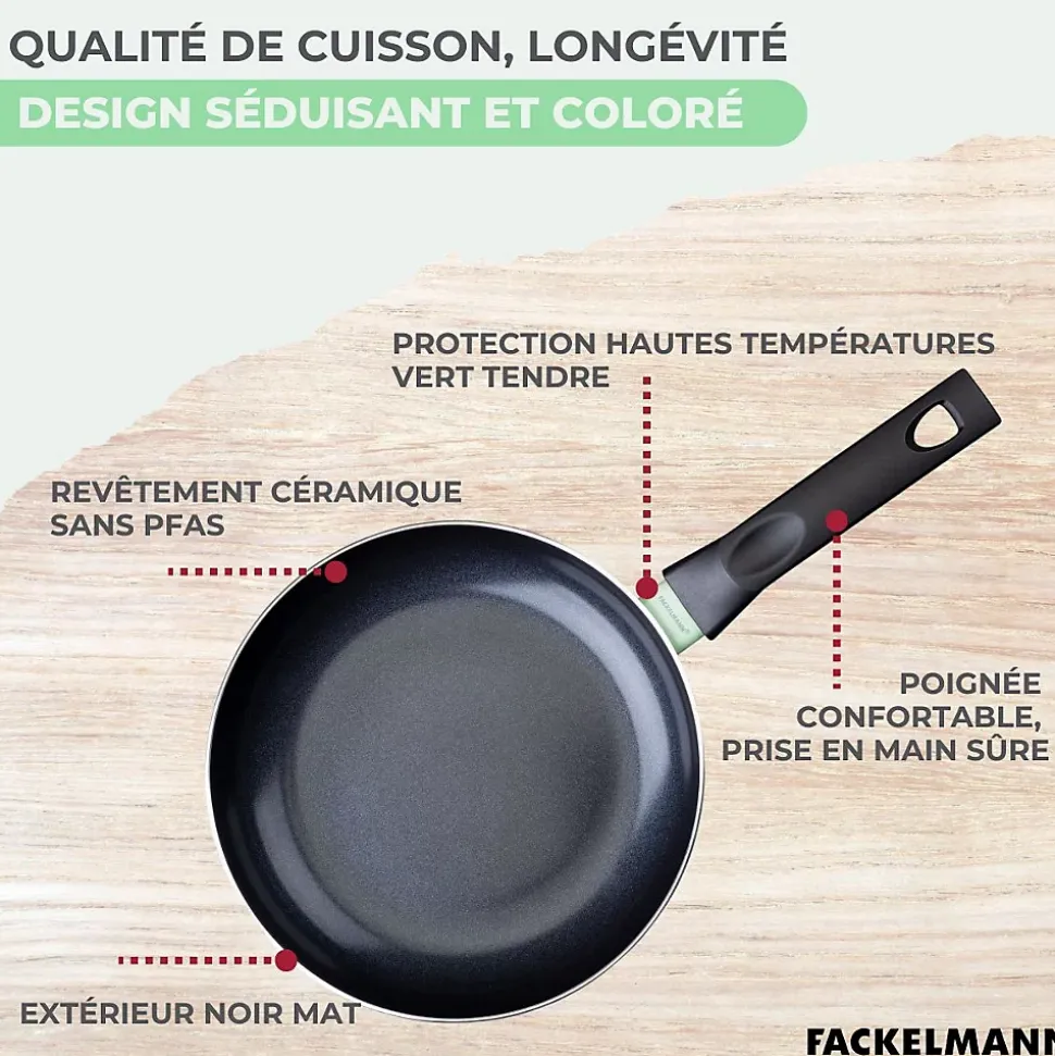Set de 3 poêles 20 24 et 28 cm et 3 casseroles 16, 18 et 20 cm antiadhésives céramique et 6 ustensiles Fackelmann Brandao