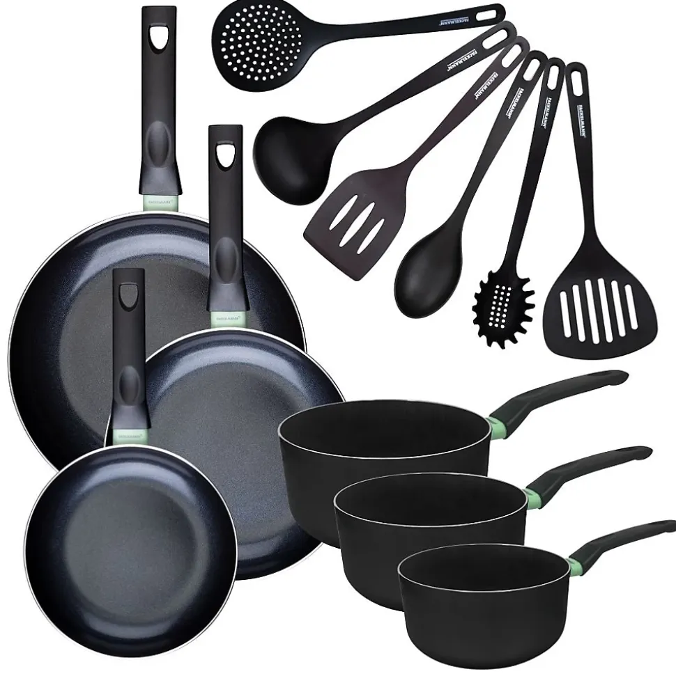 Set de 3 poêles 20 24 et 28 cm et 3 casseroles 16, 18 et 20 cm antiadhésives céramique et 6 ustensiles Fackelmann Brandao