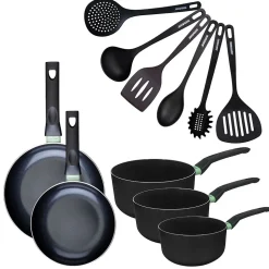 Set de 2 poêles 20 et 24 cm, 3 casseroles antiadhésives céramique 16, 18 et 20 cm et 6 ustensiles Fackelmann Brandao