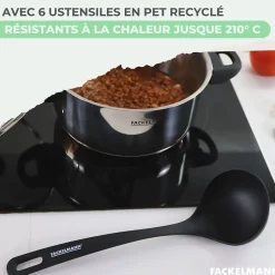 Set de 2 poêles 20 et 24 cm, 3 casseroles antiadhésives céramique 16, 18 et 20 cm et 6 ustensiles Fackelmann Brandao