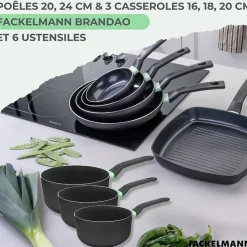 Set de 2 poêles 20 et 24 cm, 3 casseroles antiadhésives céramique 16, 18 et 20 cm et 6 ustensiles Fackelmann Brandao