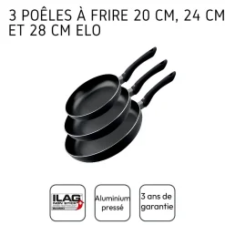 Set de 3 poêles à frire 20 cm 24 cm et 28 cm fond en nid d'abeille et doseur d'huile Elo Smart Life