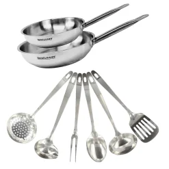 Set de 2 poêles de 24 et 28 cm en inox et 6 ustensiles inox Fackelmann Eterna