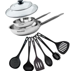 Set de 2 poêles de 20 et 28 cm en inox, 2 couvercles en verre et 6 ustensiles Fackelmann Eterna