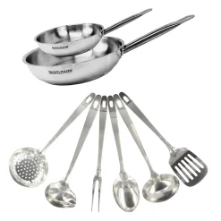 Set de 2 poêles de 20 et 28 cm en inox et 6 ustensiles inox Fackelmann Eterna