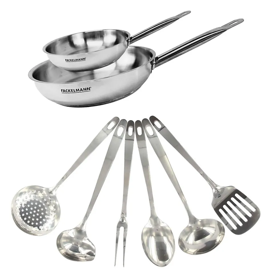 Set de 2 poêles de 20 et 28 cm en inox et 6 ustensiles inox Fackelmann Eterna