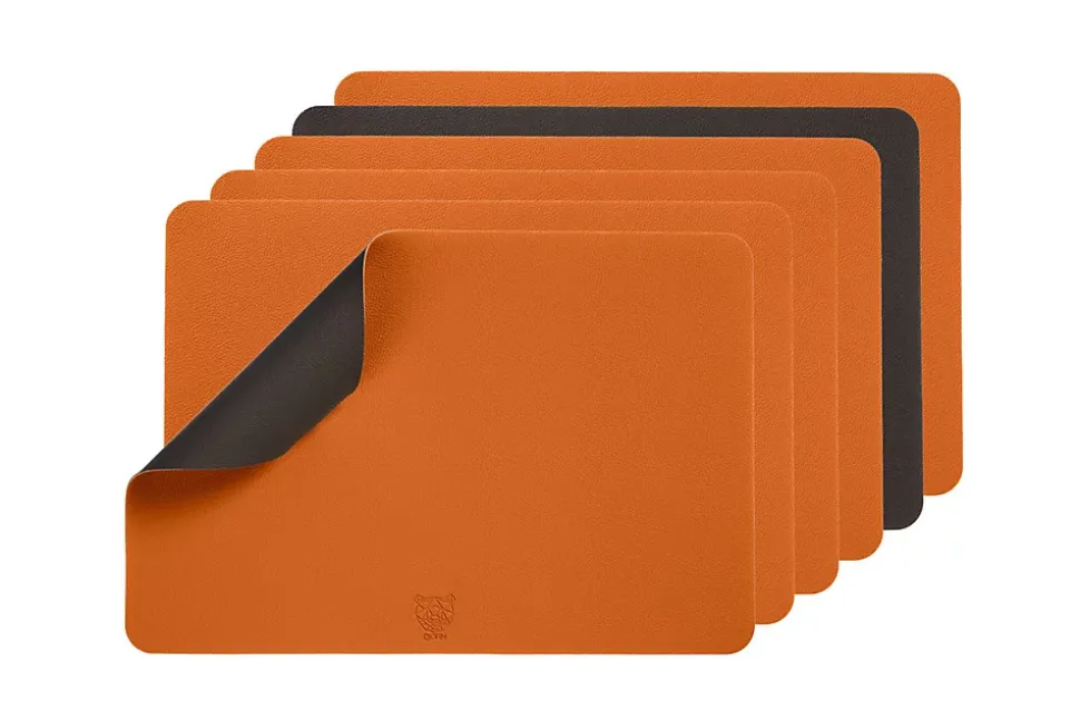 Set de table rectangulaire réversible - 6 pièces - Cuir recyclé orange et chocolat