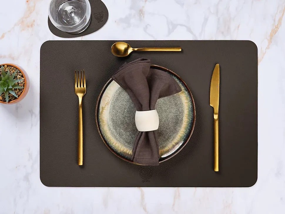 Set de table rectangulaire réversible - 6 pièces - Cuir recyclé orange et chocolat